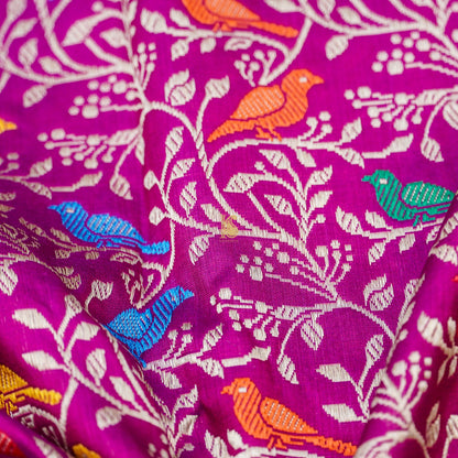 Violet Red Pure Katan Silk Handwoven Banarasi Jaal Bird Dupatta - Khinkhwab