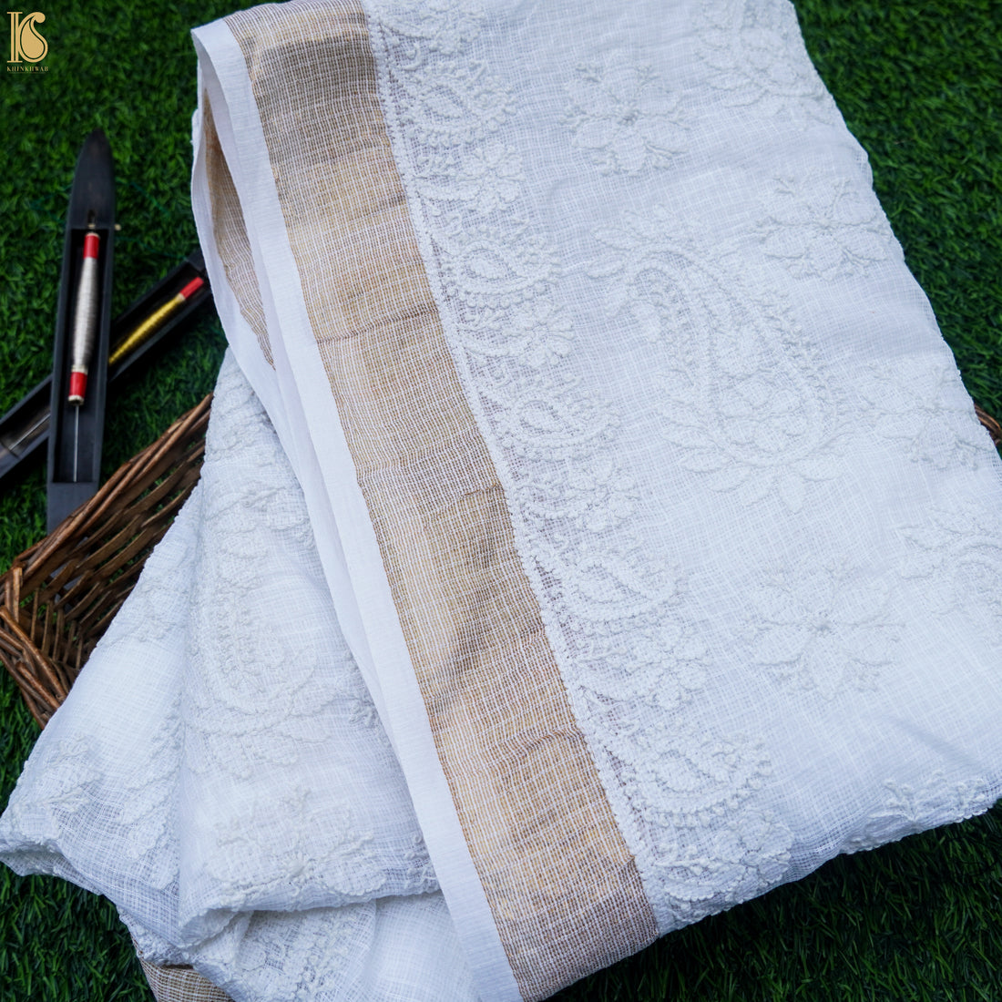 White Cotton Kota Chikankari Sari - Khinkhwab
