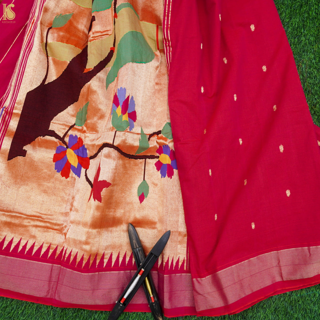 Cerise Pure Cotton Handwoven Paithani Parrot Saree - Khinkhwab