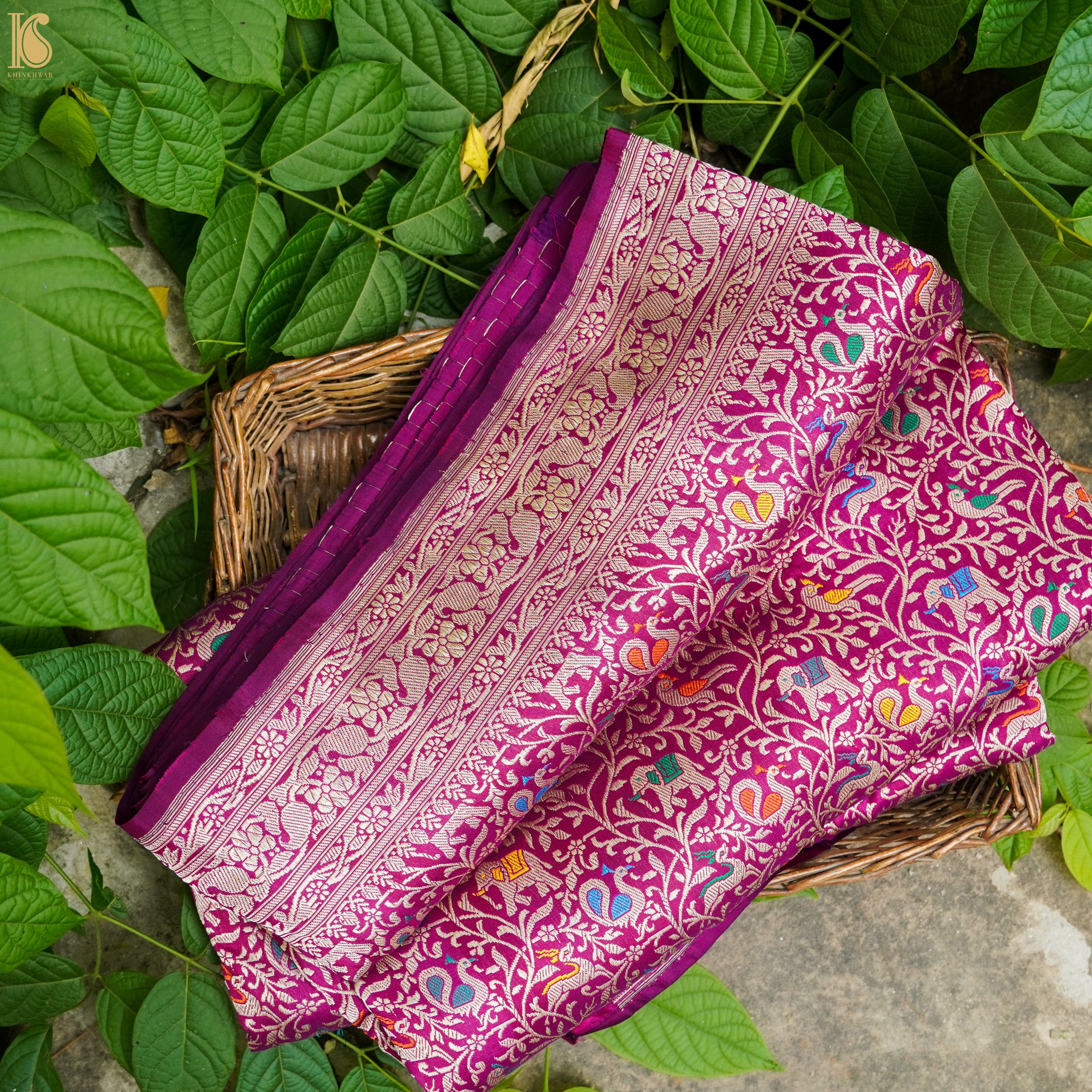 Handloom Katan Silk Violet Red Banarasi Shikargah Saree - Khinkhwab