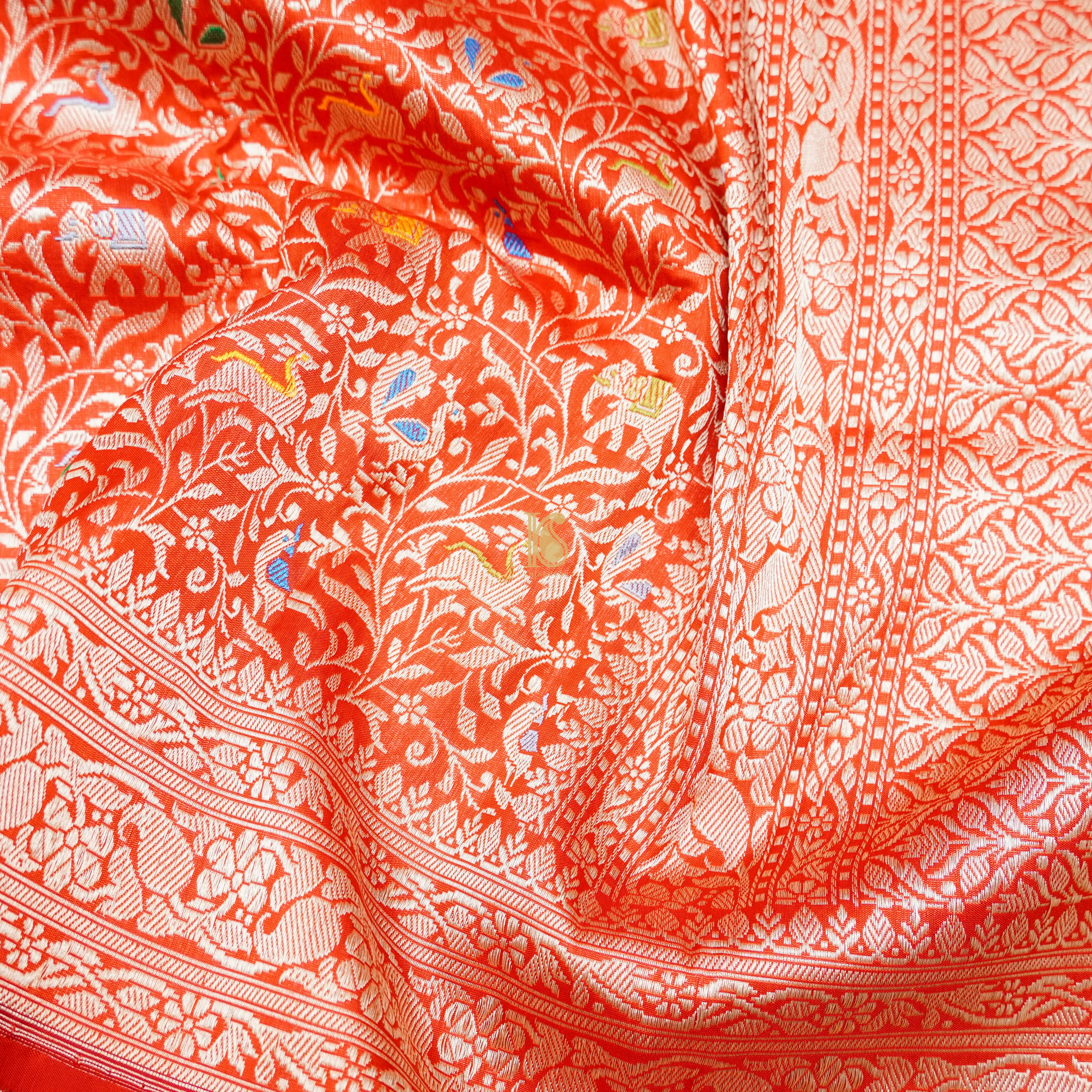 Handloom Katan Silk Outrageous Orange Banarasi Shikargah Saree - Khinkhwab