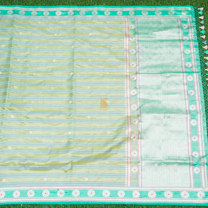 Handwoven Turquoise Blue Pure Kora Mashru Silk Banarasi Saree - Khinkhwab