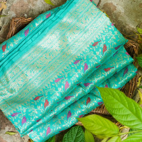 Handloom Katan Silk Robin's Egg Blue Banarasi Chidiya Saree - Khinkhwab