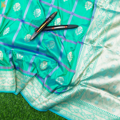 Caribbean Green Katan Silk Handloom Banarasi Kadwa Jangla Saree - Khinkhwab