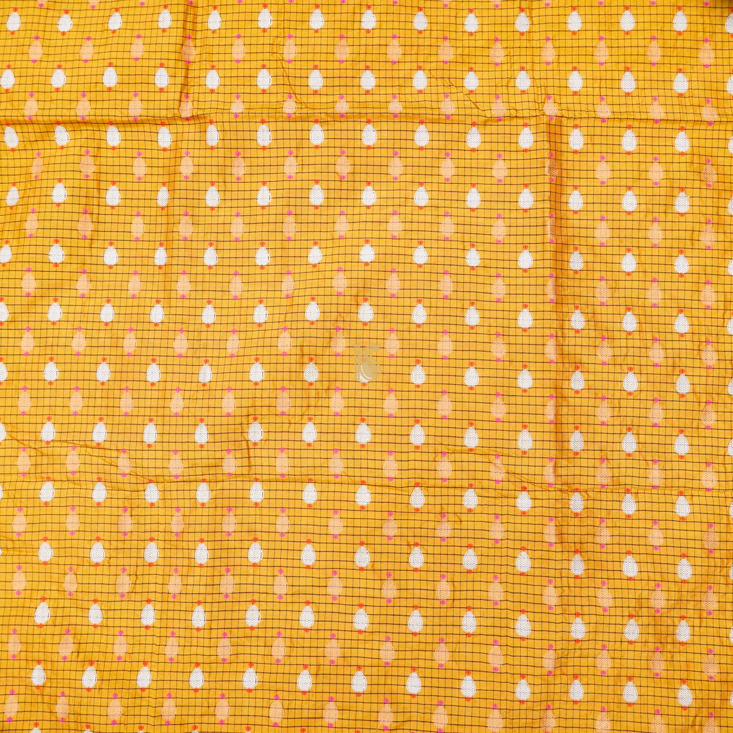 Yellow Sea Pure Katan Silk Banarasi Check Fabric - Khinkhwab