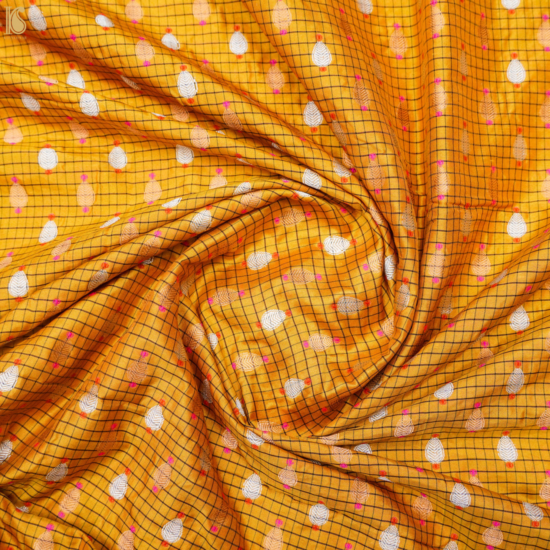 Yellow Sea Pure Katan Silk Banarasi Check Fabric - Khinkhwab