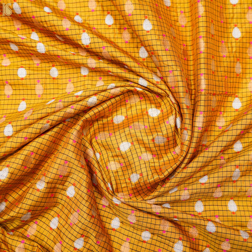 Yellow Sea Pure Katan Silk Banarasi Check Fabric - Khinkhwab
