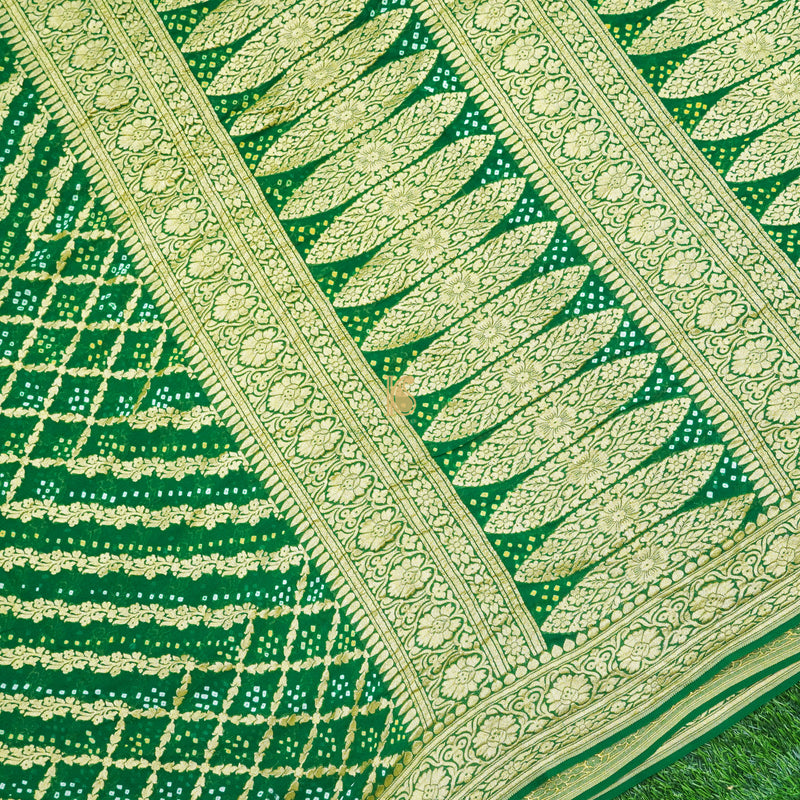 Green Pure Georgette Handloom Banarasi Bandhani Saree - Khinkhwab