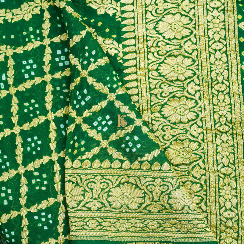 Green Pure Georgette Handloom Banarasi Bandhani Saree - Khinkhwab