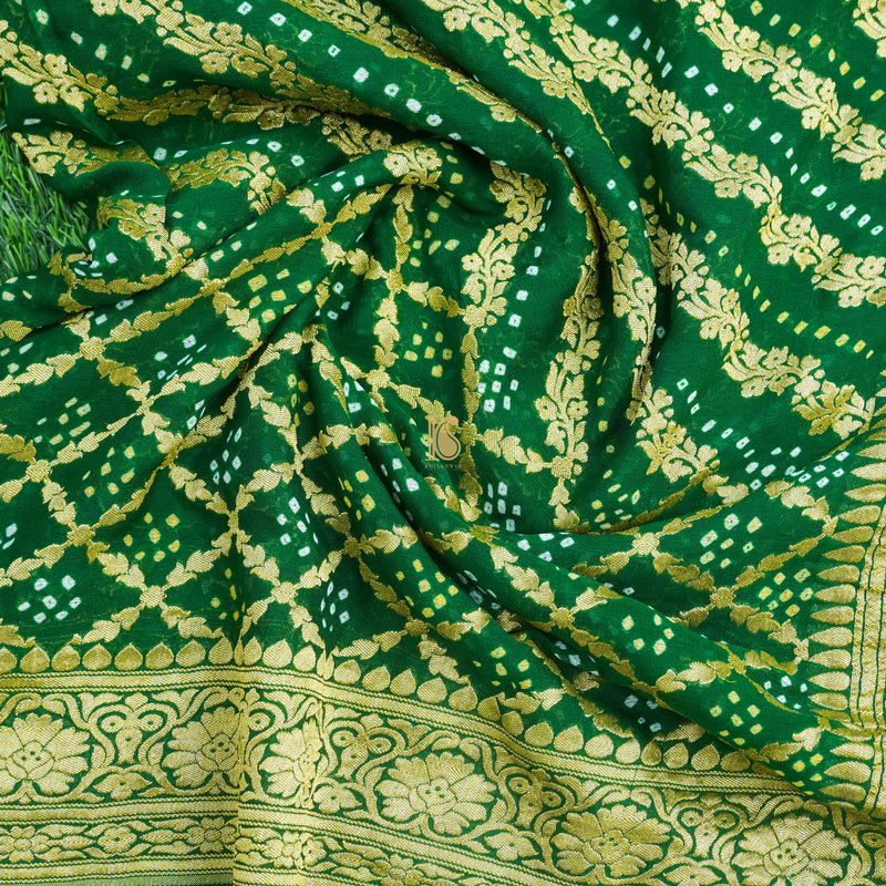 Green Pure Georgette Handloom Banarasi Bandhani Saree - Khinkhwab
