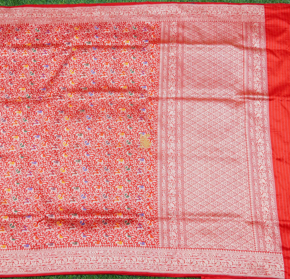 Handloom Katan Silk Cinnabar  Banarasi Shikargah Saree - Khinkhwab