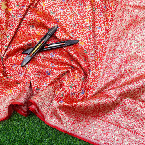 Handloom Katan Silk Cinnabar  Banarasi Shikargah Saree - Khinkhwab