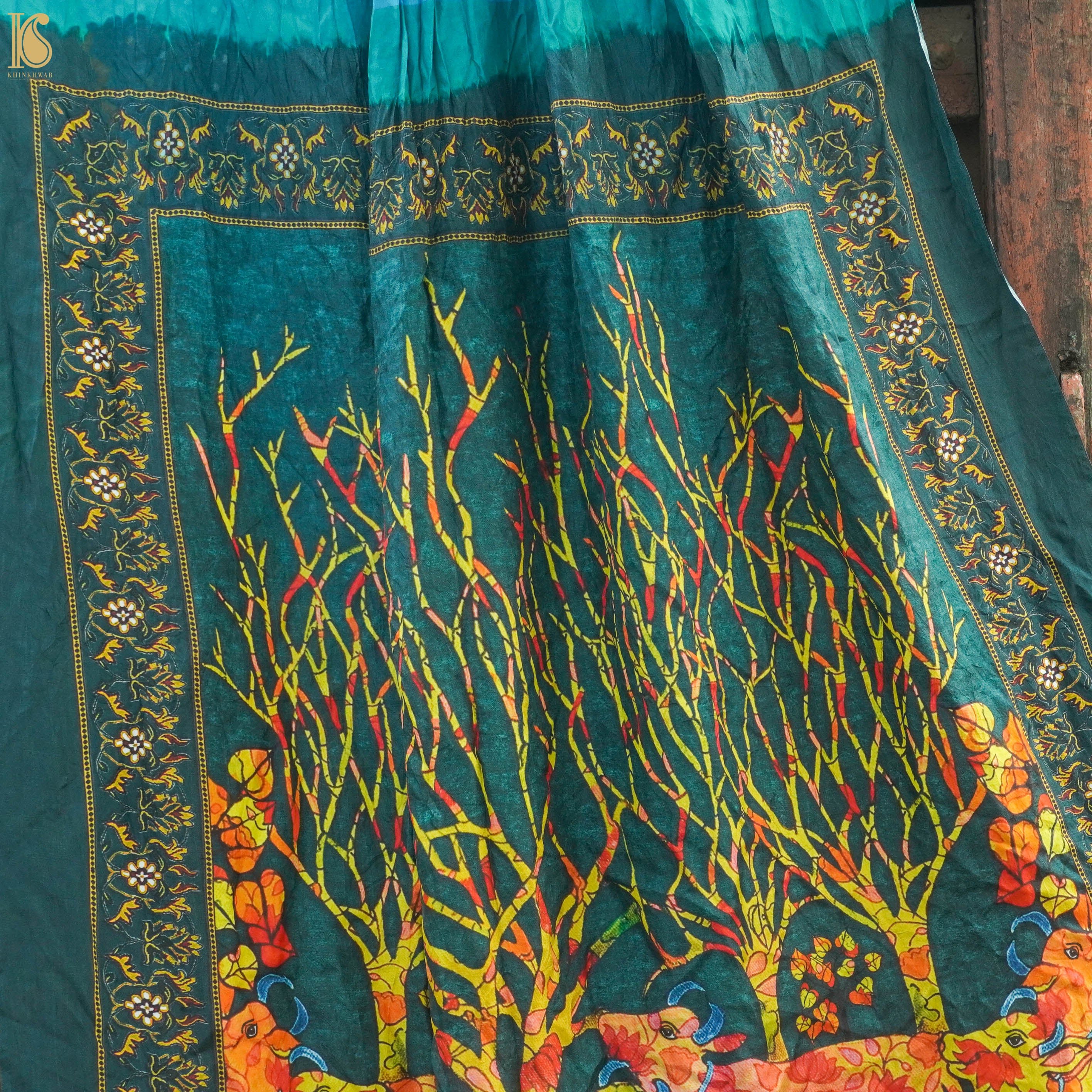 Blue Handwoven Bandhani Pure Habutai Silk Saree with Print - Khinkhwab
