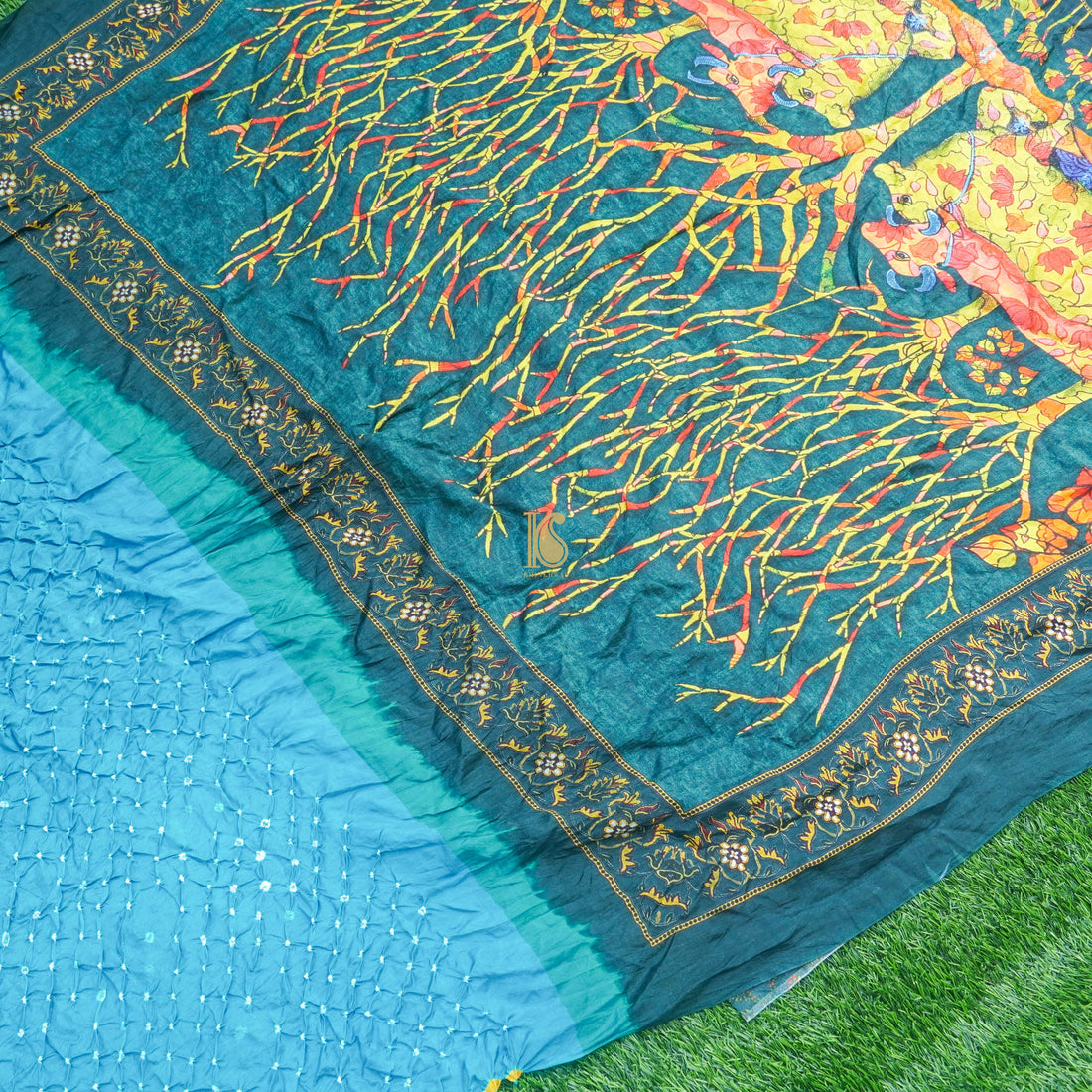 Blue Handwoven Bandhani Pure Habutai Silk Saree with Print - Khinkhwab