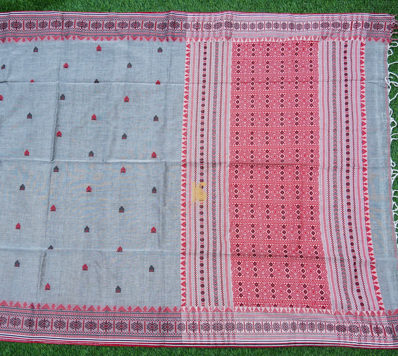 Spindle Grey Mercerized Cotton Handloom Assam Saree - Khinkhwab