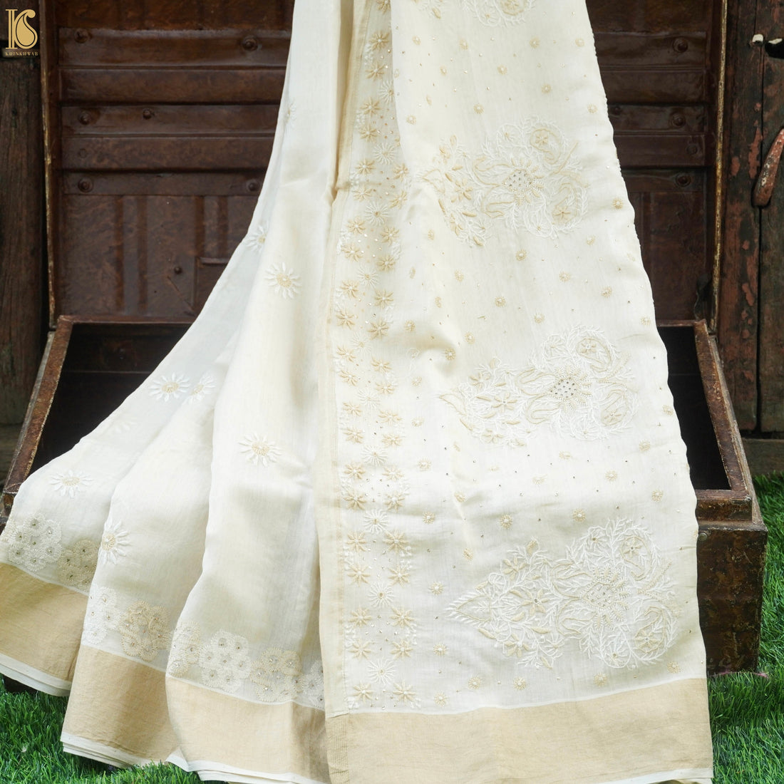 White Pure Chanderi Silk Chikankari Saree - Khinkhwab