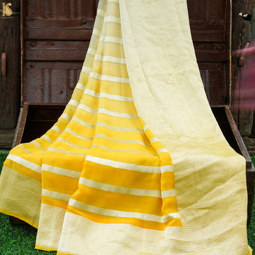 Yellow Pure Georgette Handloom Stripes Banarasi Saree - Preoder - Khinkhwab