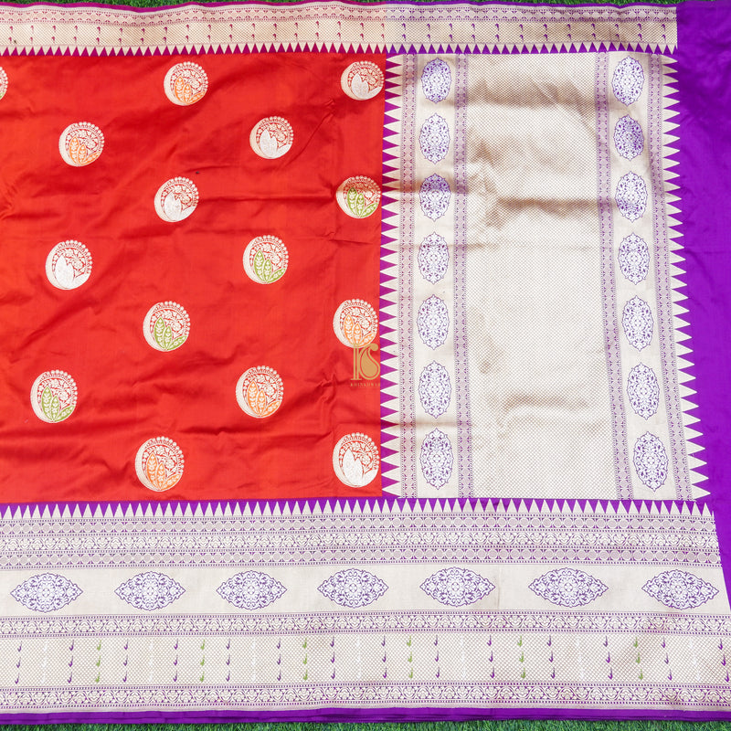 Cinnabar Red & Purple Pure Katan Silk Handwoven Banarasi Kadwa Saree - Khinkhwab