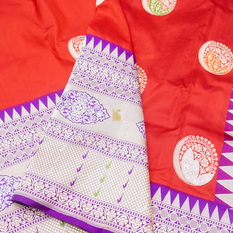 Cinnabar Red & Purple Pure Katan Silk Handwoven Banarasi Kadwa Saree - Khinkhwab