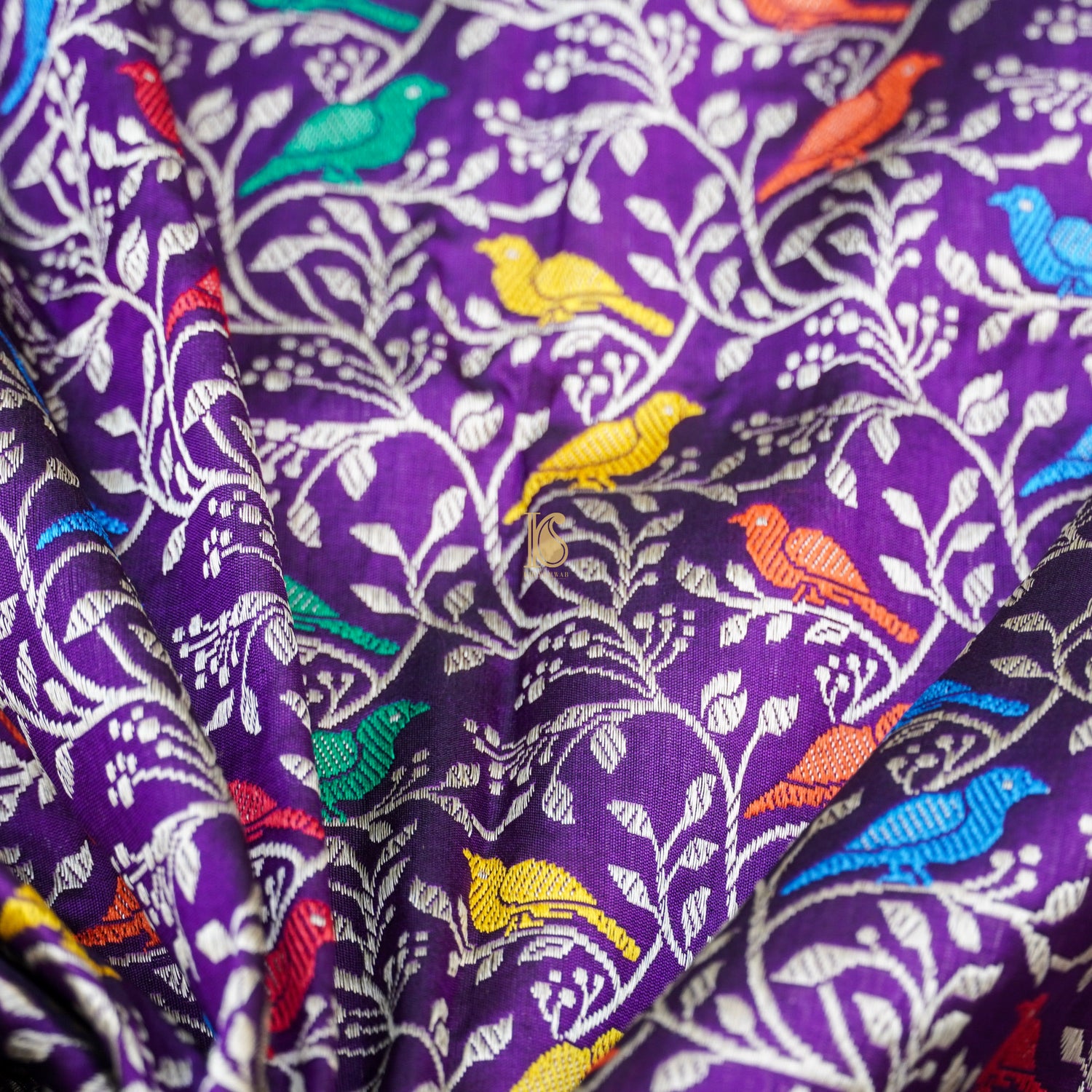 Preorder : Purple Pure Katan Silk Banarasi Birds Fabric - Khinkhwab