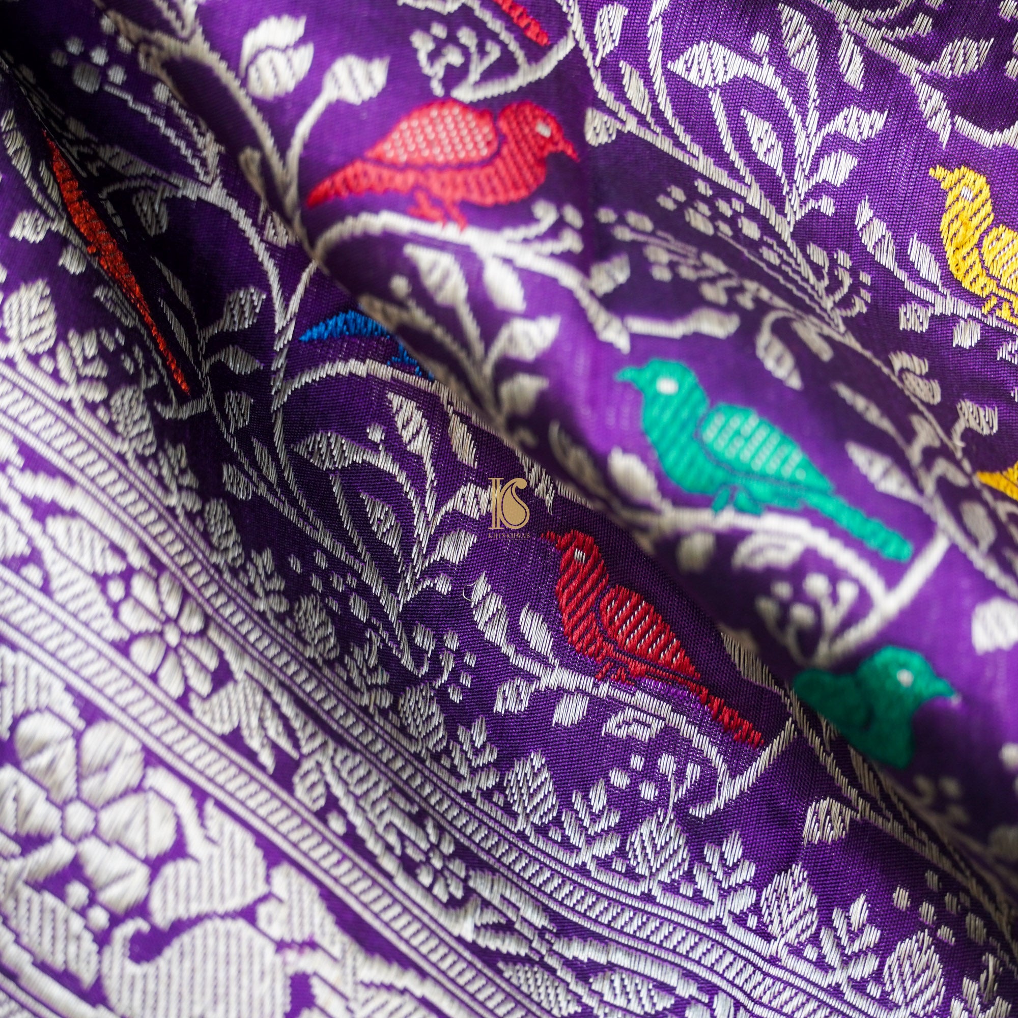 Preorder : Purple Pure Katan Silk Banarasi Birds Fabric - Khinkhwab