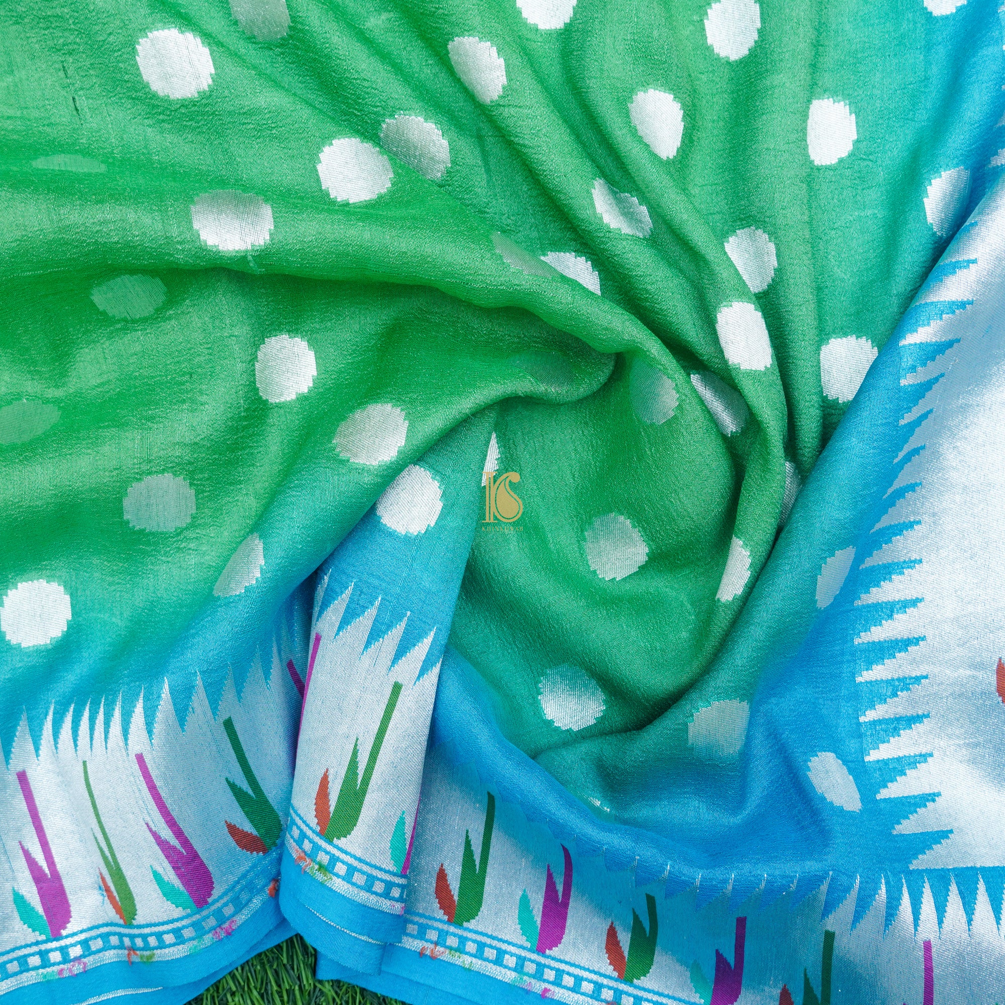 Blue &amp; Green Handwoven Pure Tussar Silk Banarasi Suit Set - Khinkhwab