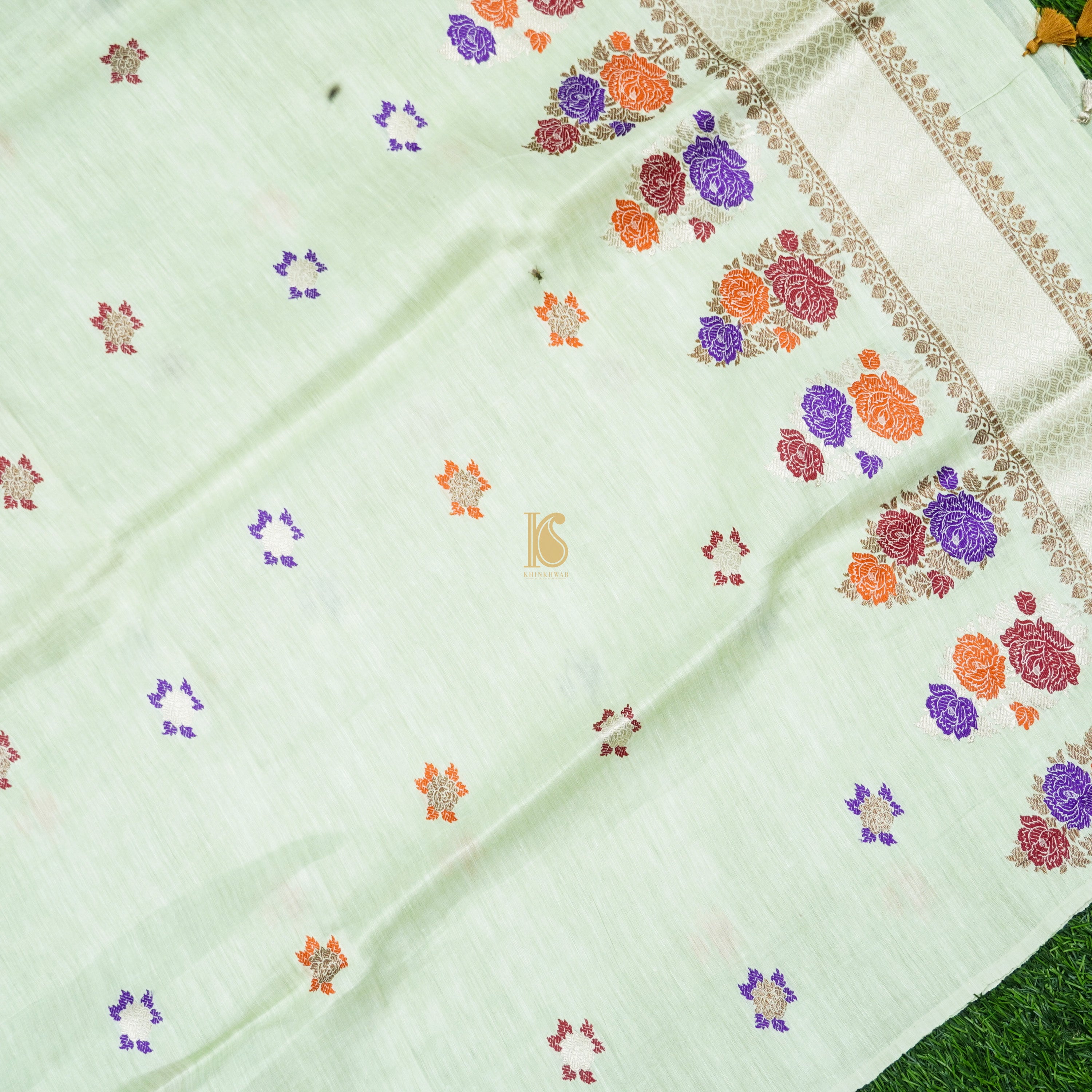 Peppermint Green Handwoven Pure Linen Banarasi Kadwa Suit Set - Khinkhwab