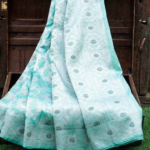 Handwoven Pure Katan Silk Blue Kadwa Jaal Silver Zari Banarasi Saree - Khinkhwab