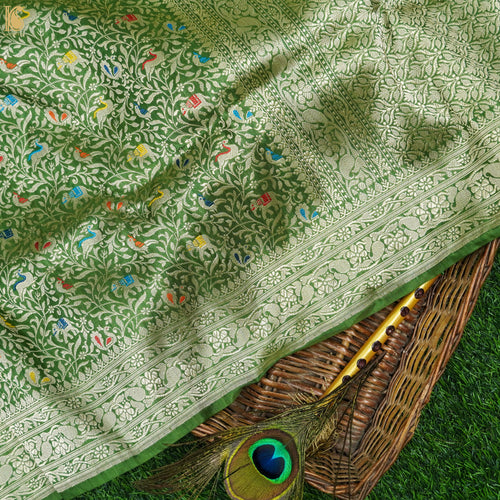 Handloom Katan Silk Oyster Green Banarasi Shikargah Saree - Khinkhwab