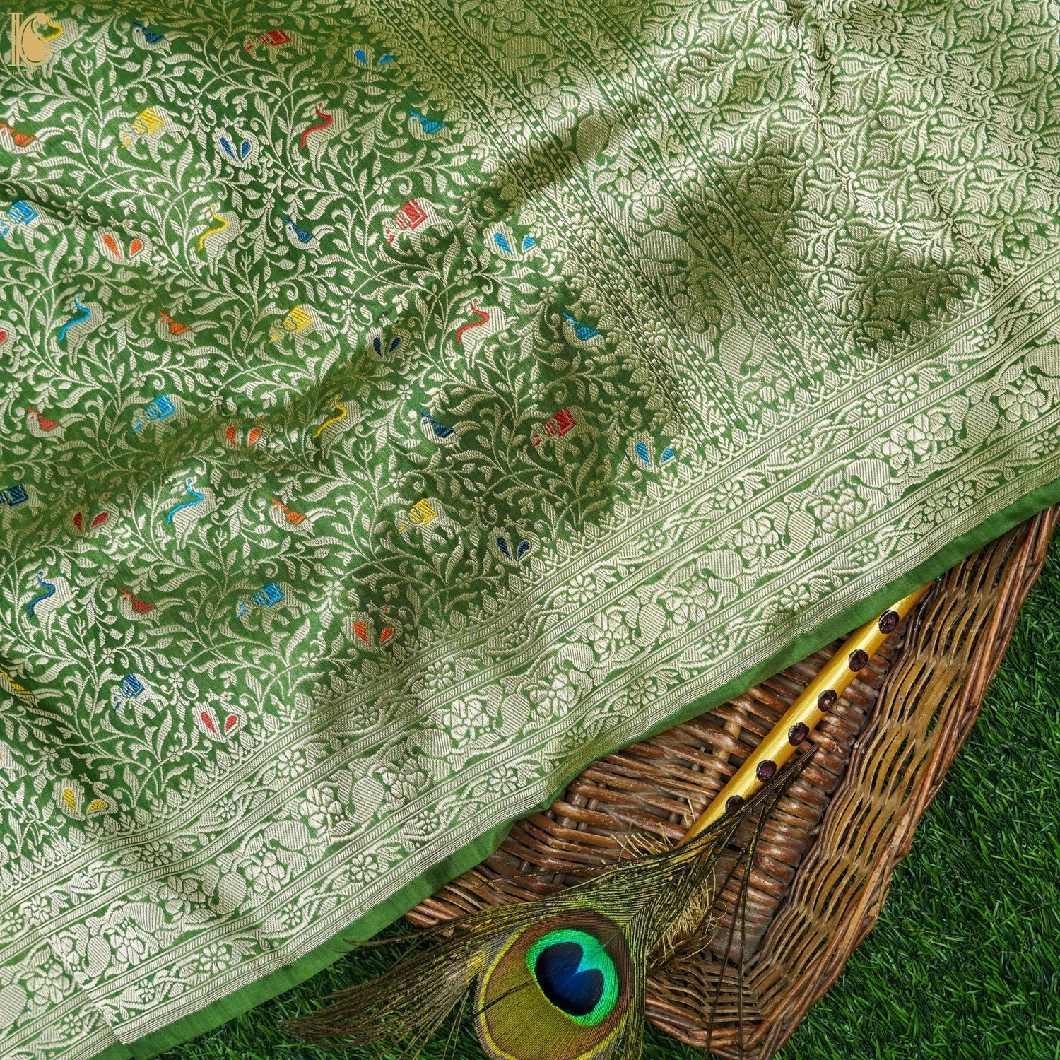 Handloom Katan Silk Oyster Green Banarasi Shikargah Dupatta - Khinkhwab