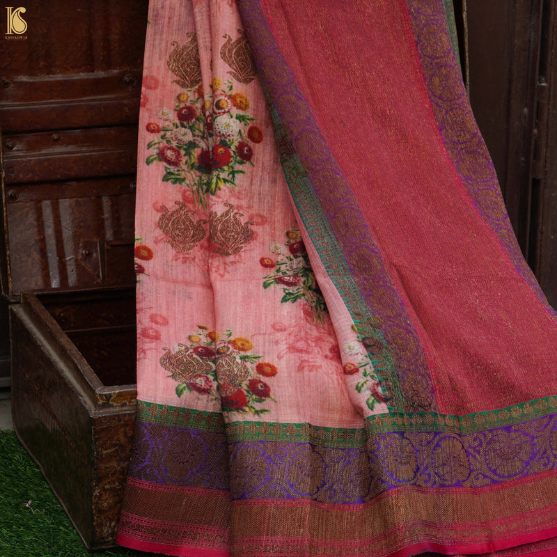 Pink Pure Tussar Silk Printed Floral Banarasi Saree - Khinkhwab