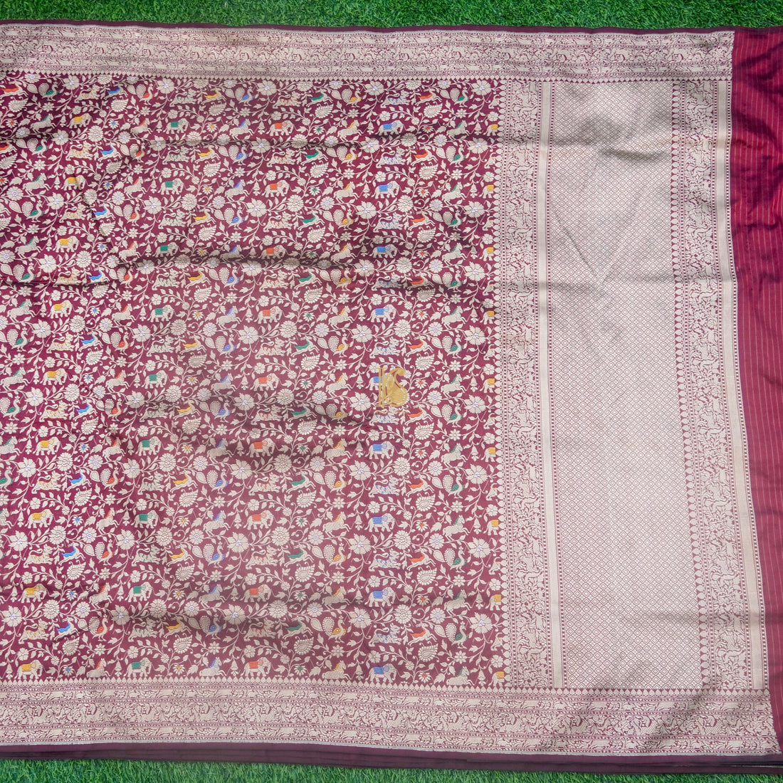 Handloom Katan Silk Cadillac Maroon Banarasi Shikargah Saree - Khinkhwab