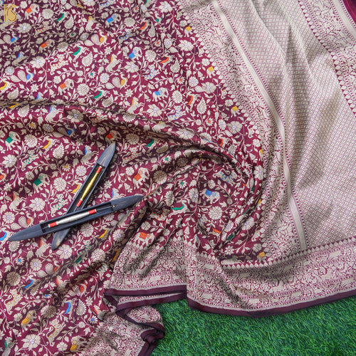 Handloom Katan Silk Cadillac Maroon Banarasi Shikargah Saree - Khinkhwab