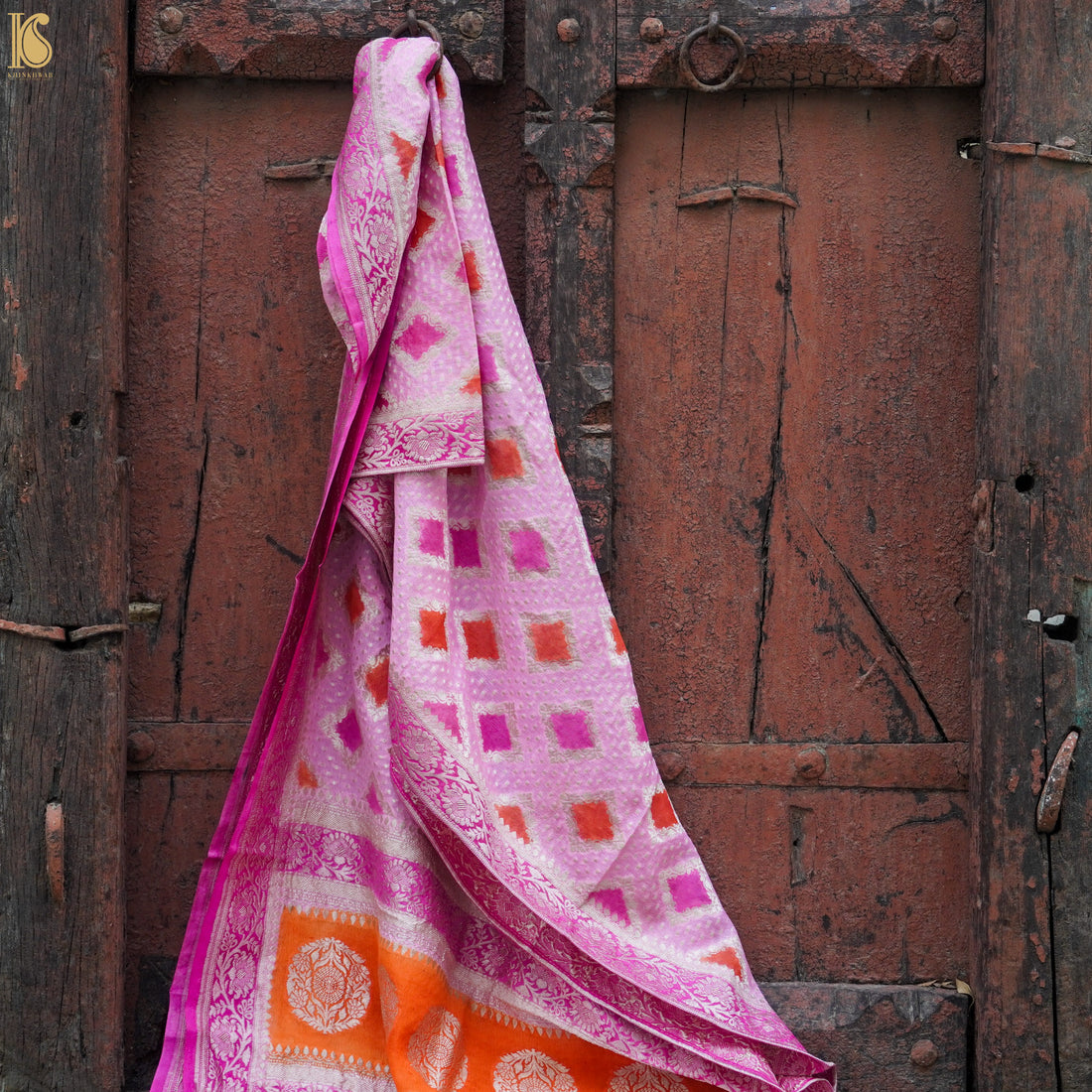 Pink Pure Georgette Blue Banarasi Stole - Khinkhwab