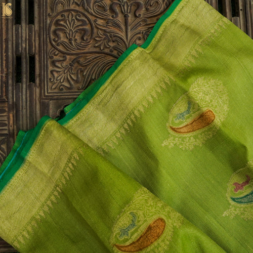 Pine Glade Green Pure Tussar Georgette Silk Handloom Banarasi Saree - Khinkhwab