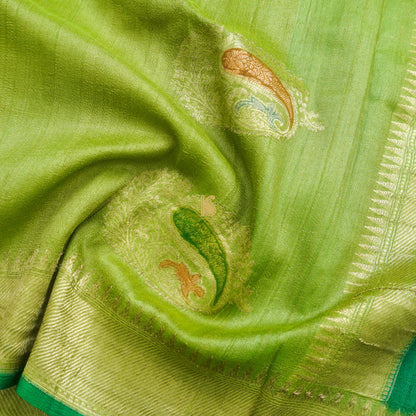 Pine Glade Green Pure Tussar Georgette Silk Handloom Banarasi Saree - Khinkhwab