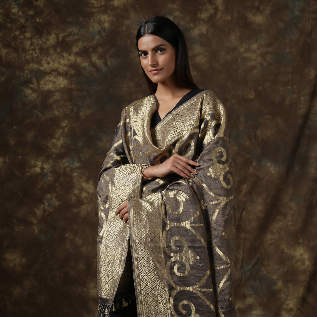 Grey Pure Georgette Handloom Banarasi Dupatta - Khinkhwab