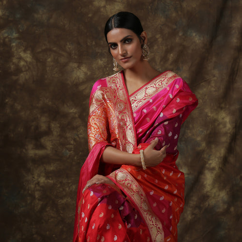 Pink Handwoven Pure Katan Silk Kadwa Banarasi Rangkat Saree - Khinkhwab