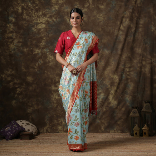 Morning Glory Blue Handloom Banarasi Pure Georgette Dahlia Saree - Khinkhwab