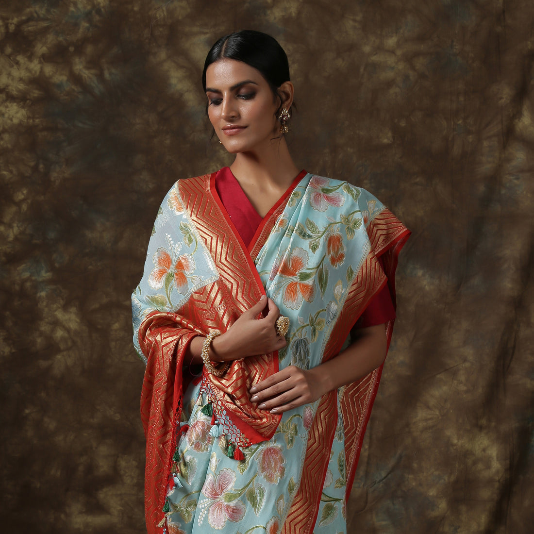 Morning Glory Blue Handloom Banarasi Pure Georgette Dahlia Saree - Khinkhwab