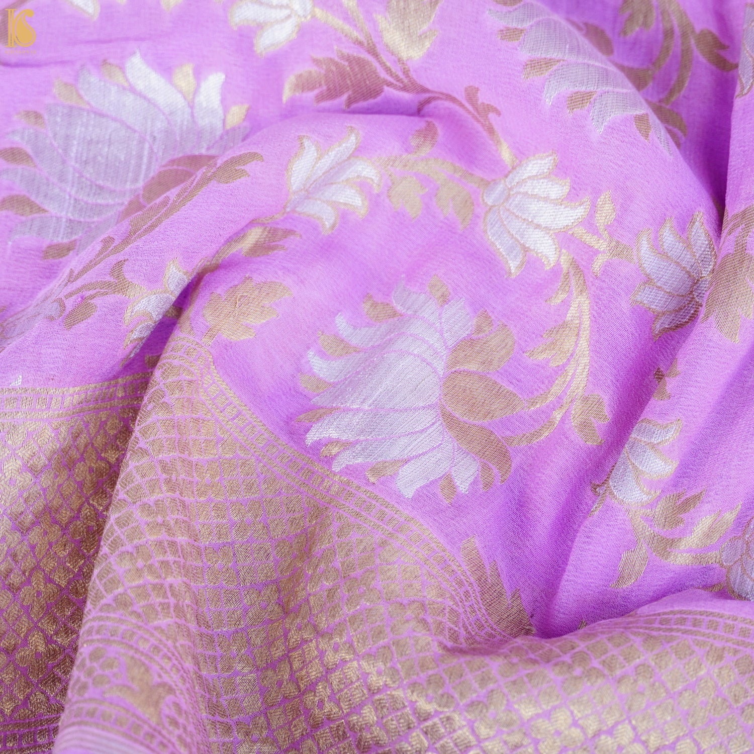 Plum Purple Pure Georgette Handloom Banarasi Jaal Lotus Saree - Khinkhwab