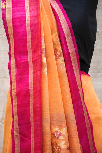 Sunshade Orange Pure Linen Handloom Banarasi Saree with Kadhua Boota - Khinkhwab