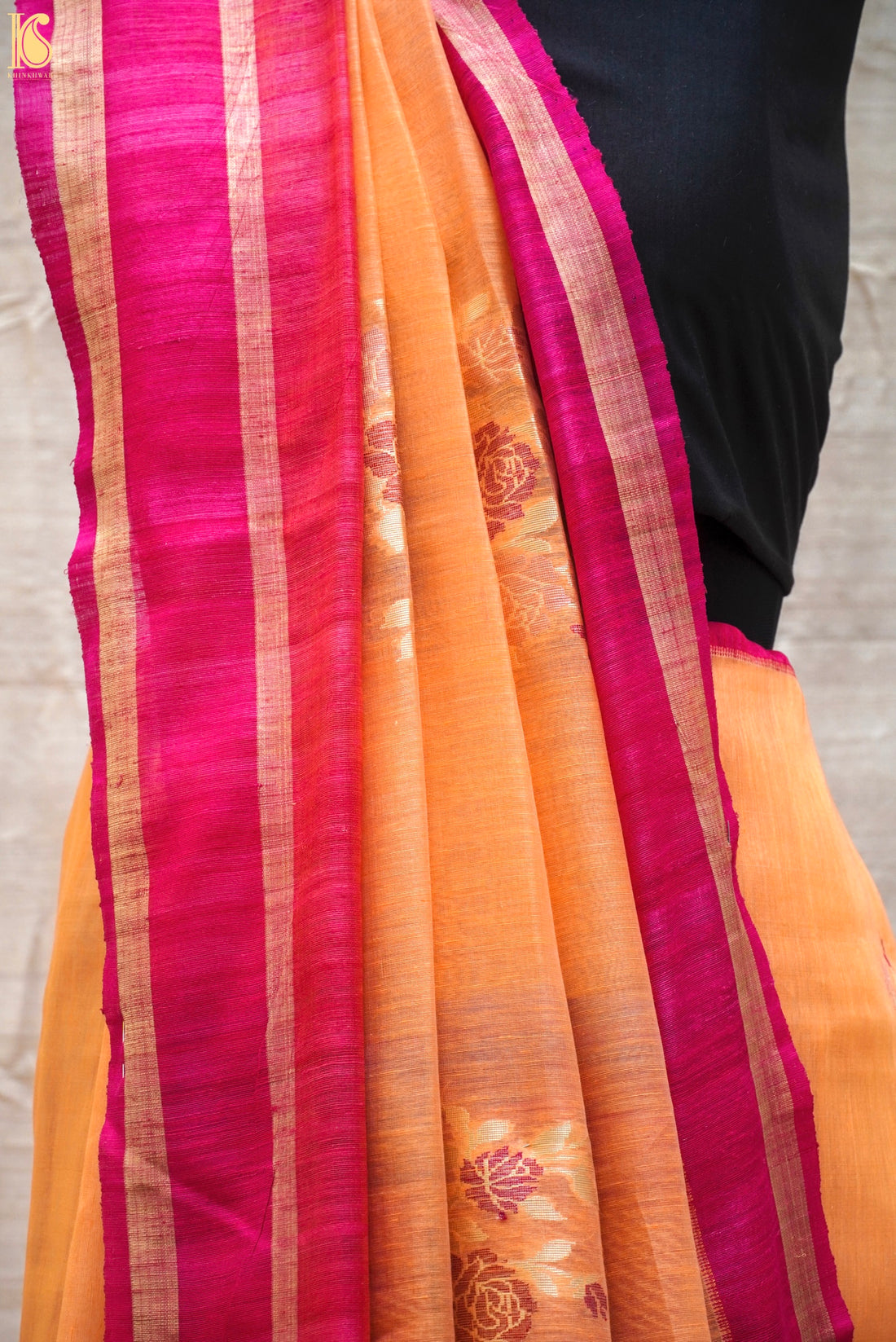 Sunshade Orange Pure Linen Handloom Banarasi Saree with Kadhua Boota - Khinkhwab