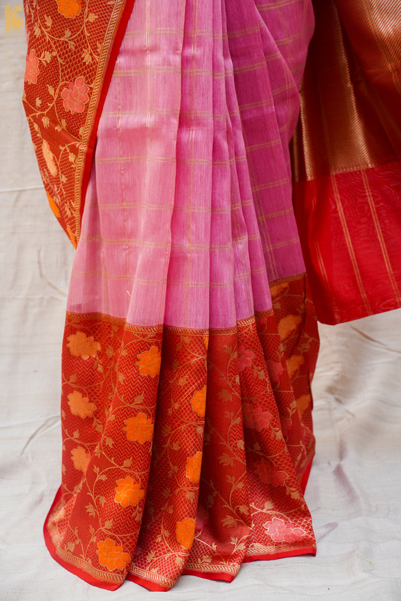 Pink & Red Pure Linen Handloom Banarasi Saree with Meenakari Border - Khinkhwab