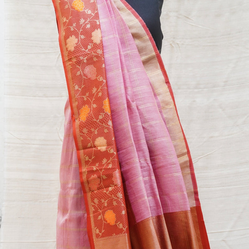 Pink & Red Pure Linen Handloom Banarasi Saree with Meenakari Border - Khinkhwab