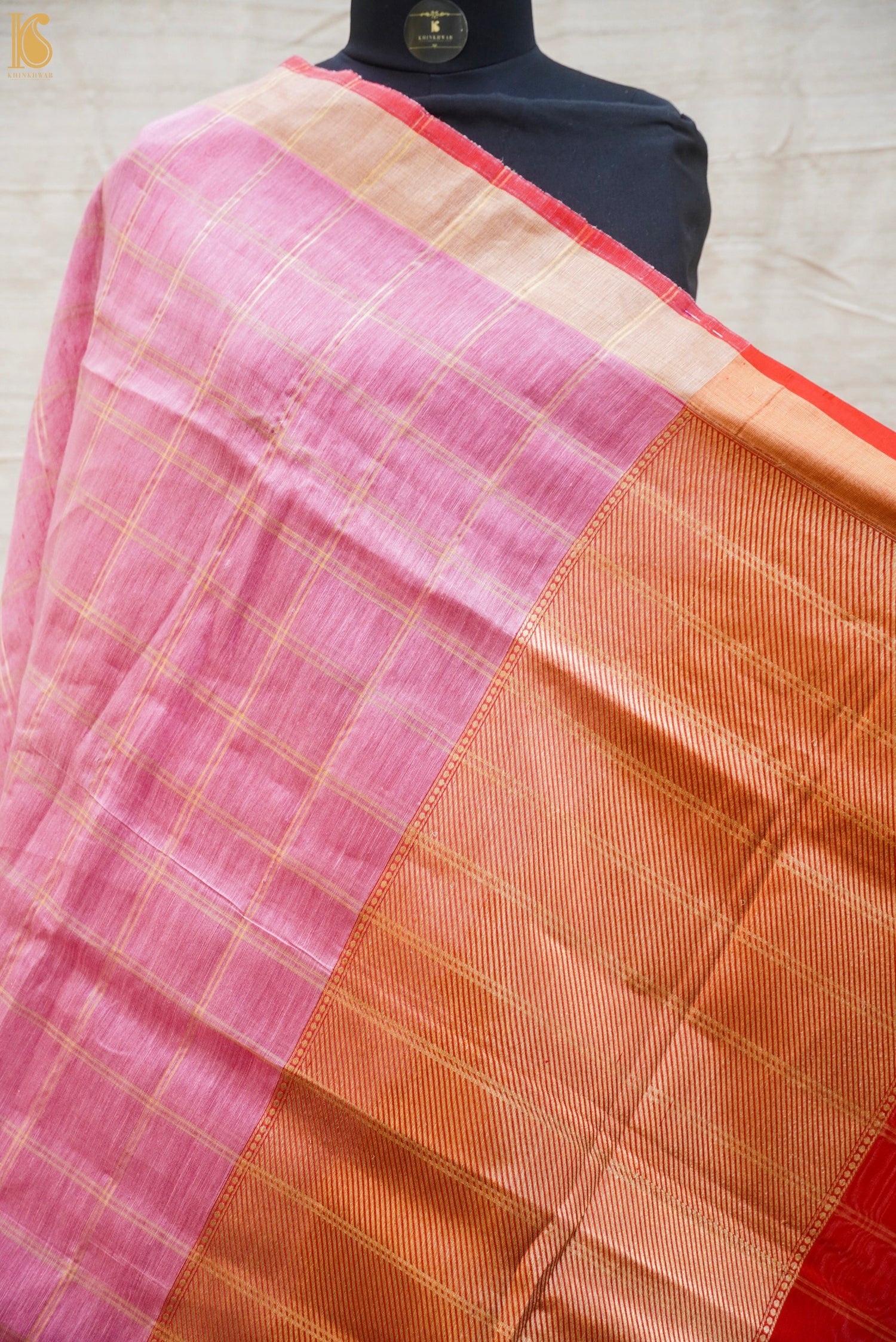 Pink &amp; Red Pure Linen Handloom Banarasi Saree with Meenakari Border - Khinkhwab