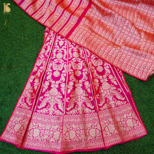 Razzmatazz PInk Pure Katan Silk Handloom Banarasi Kalidar Lehenga - Khinkhwab