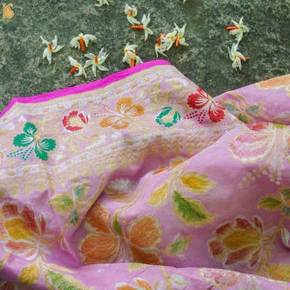 Thistle Pink Pure Georgette Handloom Banarasi Dahlia Saree - Khinkhwab