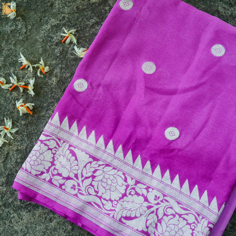 Wisteria Purple Pure Georgette Handloom Banarasi Ashrafi Boota Saree - Khinkhwab