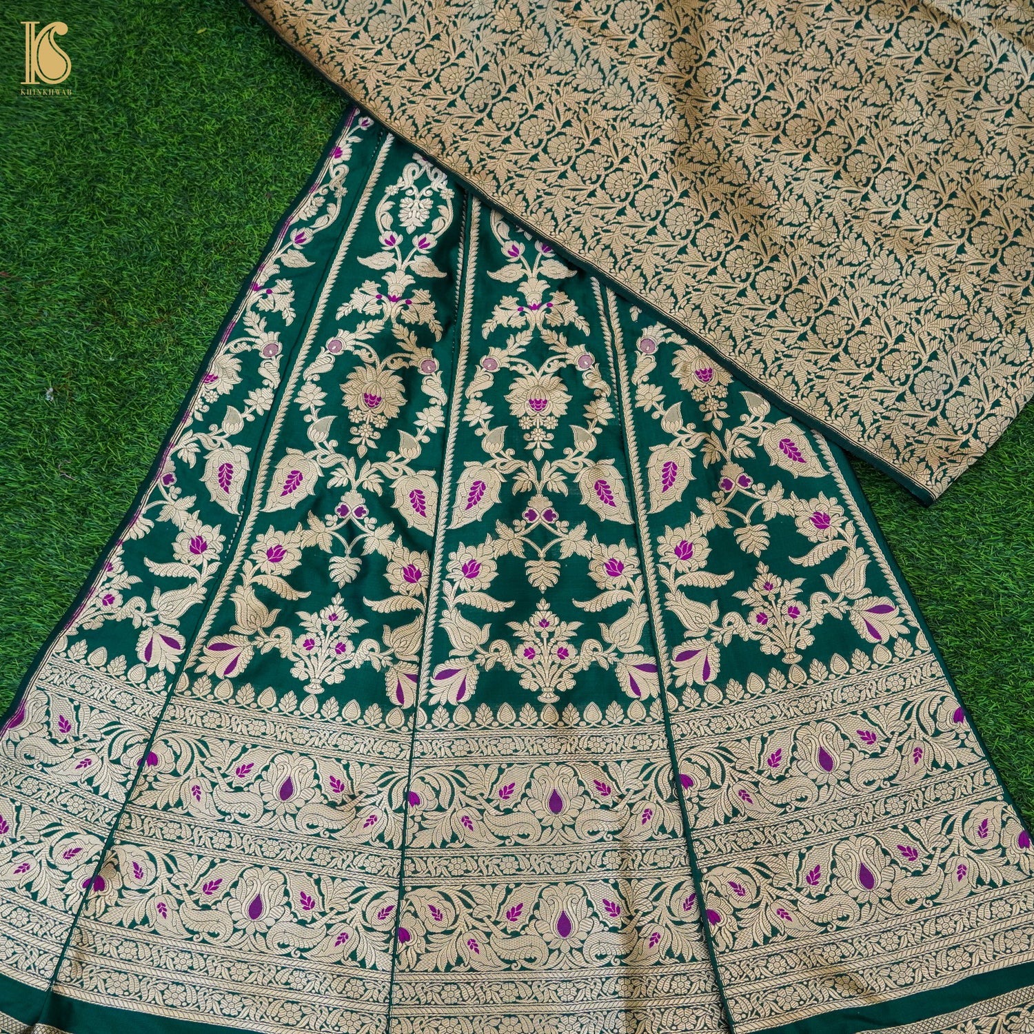 Green Pure Katan Silk Handloom Banarasi Kalidar Lehenga - Khinkhwab